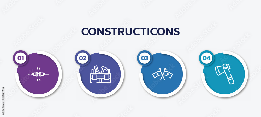 infographic element template with constructicons outline icons such as plug for electric connection, toolbox, flags crossed, inclined ax vector. infographic element template with constructicons outline icons such as plug for electric connection, toolbox, flags crossed, inclined ax vector.