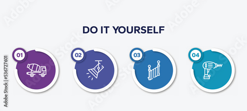infographic element template with do it yourself outline icons such as concrete truck, light spot, stairs side view, drill vector.