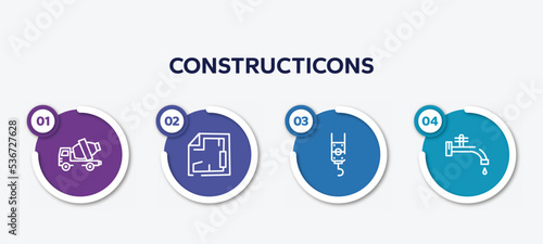 infographic element template with constructicons outline icons such as cement truck, blueprint hand drawn tool, pulley hook, stopcock vector.