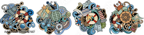 Nautical cartoon vector doodle designs set