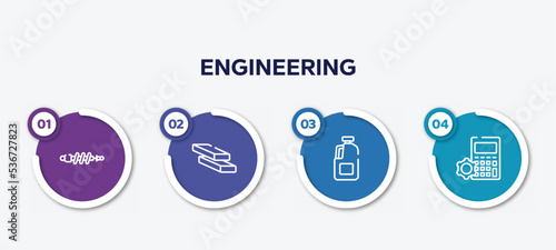 infographic element template with engineering outline icons such as suspension, firewood trunks stacked, gallon oil, mathematics vector.