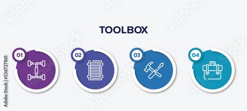 infographic element template with toolbox outline icons such as chassis, air filter, repair tools cross, businessman portfolio vector.