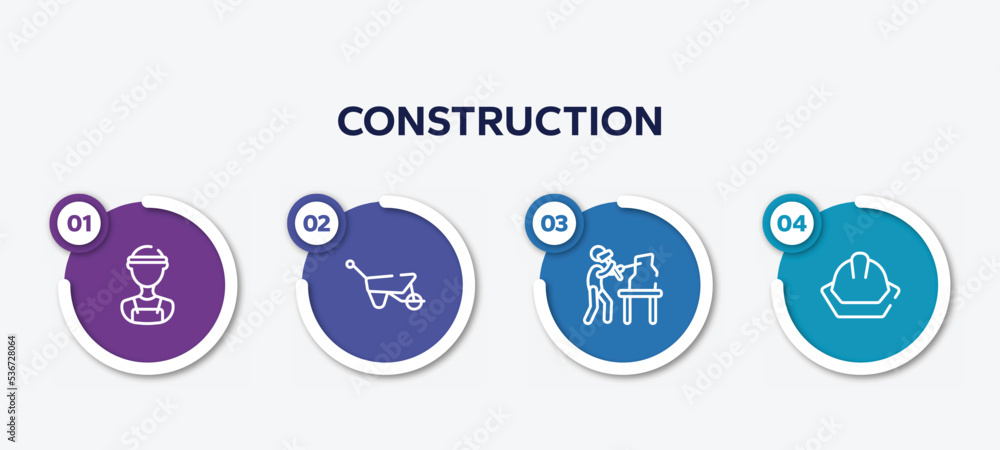infographic element template with construction outline icons such as electrician service, barrow, sculptor, head protection vector.