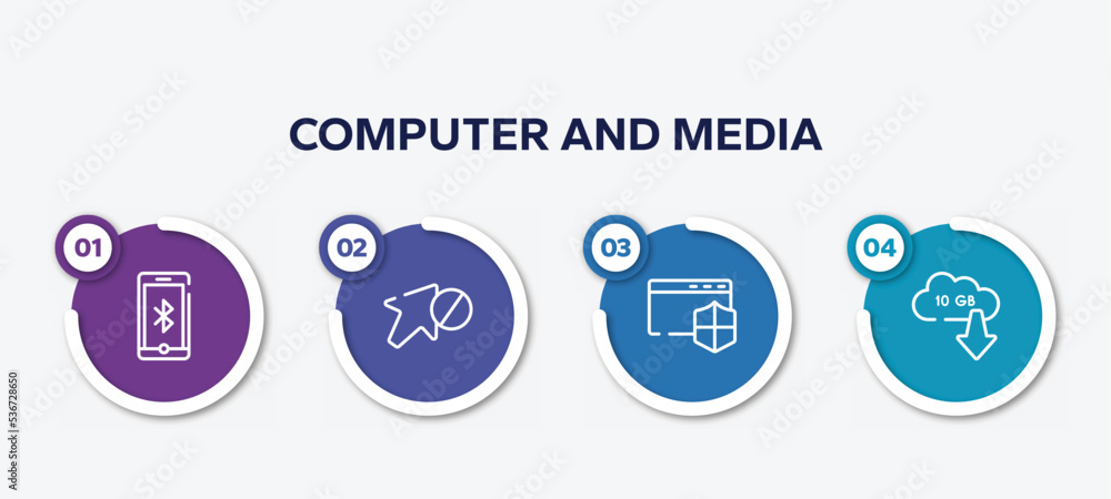 infographic element template with computer and media outline icons such as , forbidden, window with security badge, null vector.