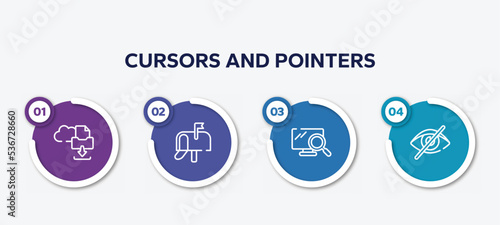 infographic element template with cursors and pointers outline icons such as archives files download, , pc search, visibility off vector.