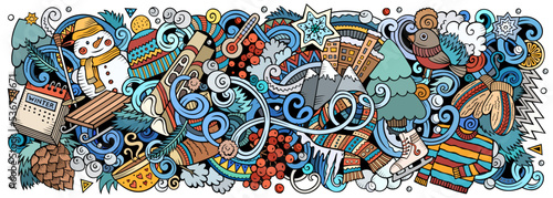Winter cartoon doodle banner. Funny seasonal design.