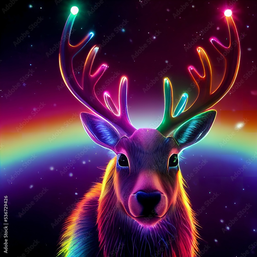 Multicoloured reindeer with a rainbow and flaring horns, created with ...