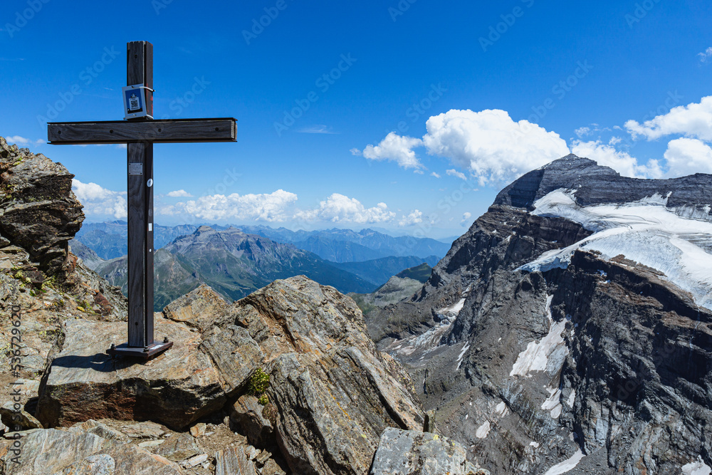 Monte Leone with its glacier, seen from the top of testarossa, near the simplon pass, Switzerland - July 2022. Monte Leone with its glacier, seen from the top of testarossa, near the simplon pass, Switzerland - July 2022.