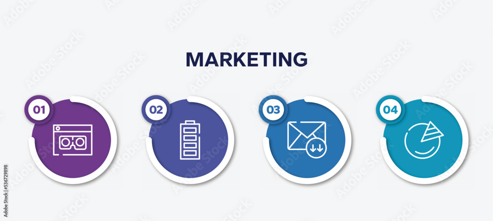 infographic element template with marketing outline icons such as scammer, full battery, receive mail, pie graph vector.