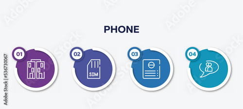 infographic element template with phone outline icons such as offices, simcard, intercom, chat group vector.