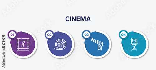 infographic element template with cinema outline icons such as soundtrack, movie reel, hitman, film director vector.