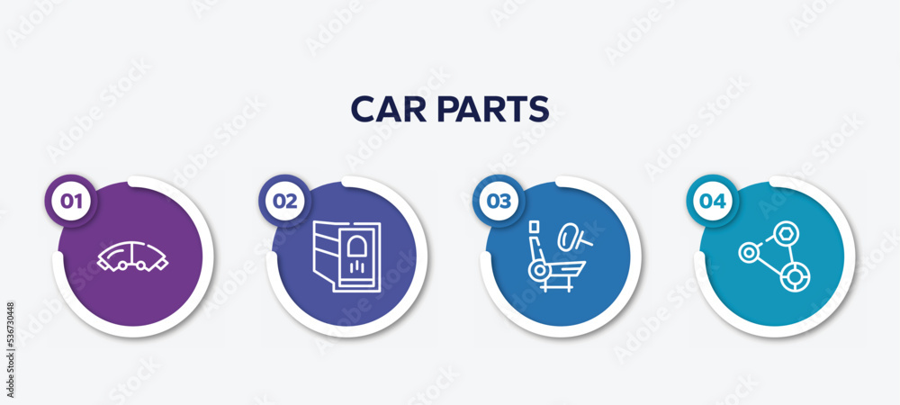 infographic element template with car parts outline icons such as car brake pad, car reversing light, air bag, fan belt vector.
