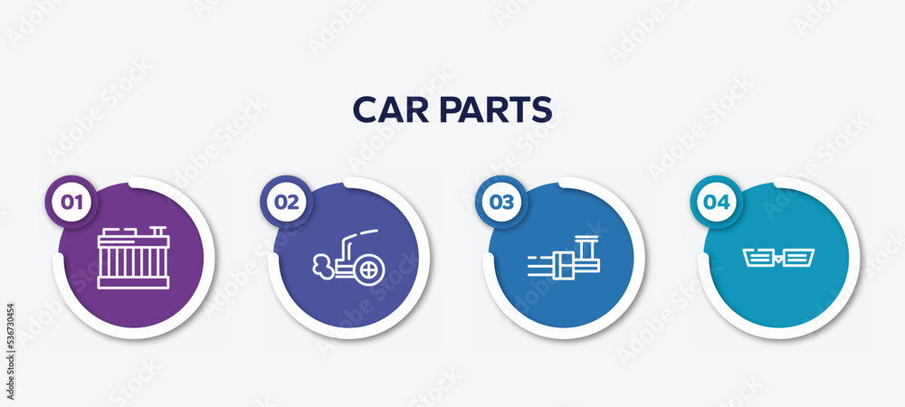 infographic element template with car parts outline icons such as car radiator, car exhaust, distributor, grille or radiator grille vector. infographic element template with car parts outline icons such as car radiator, car exhaust, distributor, grille or radiator grille vector.
