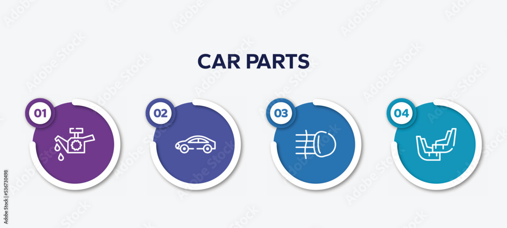 infographic element template with car parts outline icons such as car oil pump, car hard top, fog lamp, mud flap vector. infographic element template with car parts outline icons such as car oil pump, car hard top, fog lamp, mud flap vector.