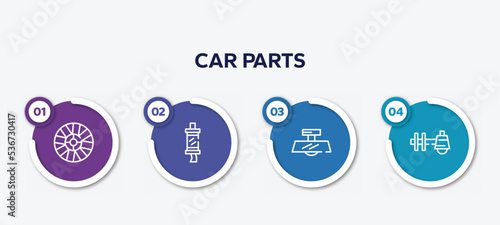 infographic element template with car parts outline icons such as car hubcap, car silencer, rear-view mirror, sump vector.