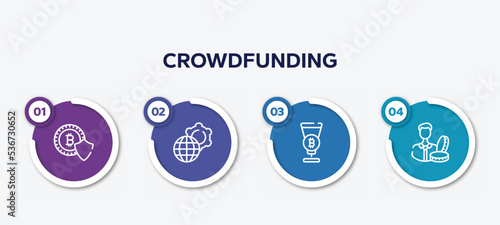 infographic element template with crowdfunding outline icons such as cryptocurrency, official, passion, accredited vector.