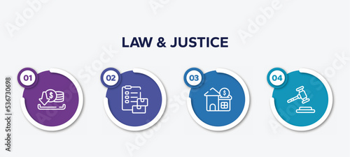 infographic element template with law & justice outline icons such as earning, customs, reit, gavel vector.