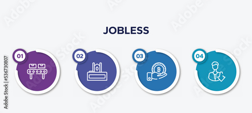 infographic element template with jobless outline icons such as manufacture, judge chair, receive, low vector.