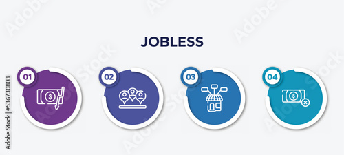 infographic element template with jobless outline icons such as inflation, viral, product range, no money vector.