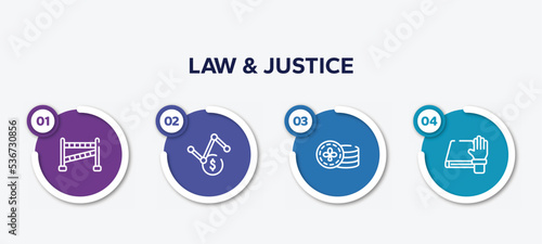 infographic element template with law & justice outline icons such as police line, volatility, casino chips, oath vector.