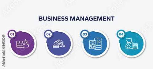 infographic element template with business management outline icons such as distributed ledger, devaluation, paper shredder, instructions vector.