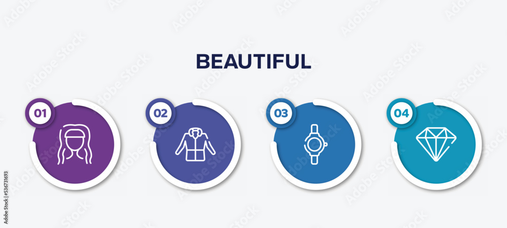 infographic element template with beautiful outline icons such as hairdress, parka, luxury watch, big diamond vector.