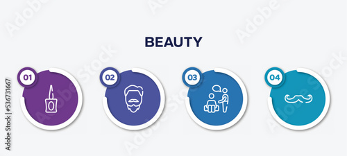 infographic element template with beauty outline icons such as parfum bottle, man with goatbeard, therapy, long hipster moustache vector.