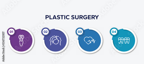 infographic element template with plastic surgery outline icons such as electric shaver, curling hair, hearts, braces vector.
