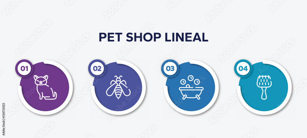 infographic element template with pet shop lineal outline icons such as cat toy, big wasp, pets bath, grooming brush vector.