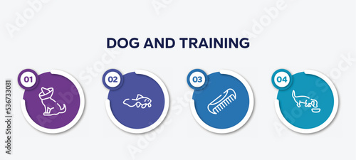 infographic element template with dog and training outline icons such as cone of shame, gold fish, pet comb, dog eating vector.