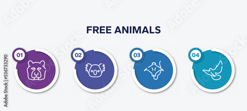 infographic element template with free animals outline icons such as tiger head, koala head, stingray with long tail, flying dove vector.