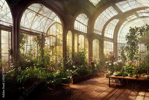 Victorian style botanical garden with wooden floor and flowers design photo