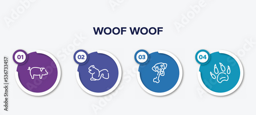 infographic element template with woof woof outline icons such as pig with round tail, sitting squirrell, chewing bone for dog, animal paw print vector.