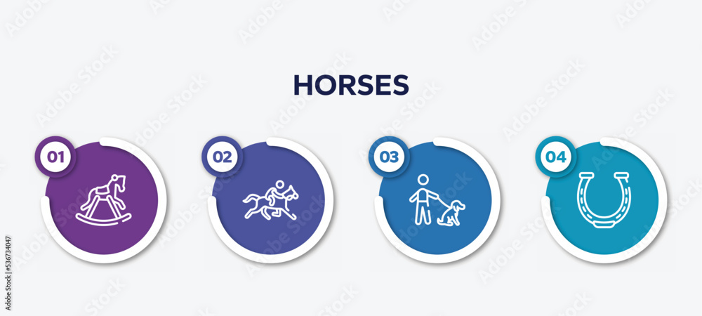 infographic element template with horses outline icons such as horse rocker black, race horse with jockey, dog with owner, horseshoe vector.