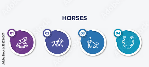 infographic element template with horses outline icons such as horse rocker black, race horse with jockey, dog with owner, horseshoe vector.