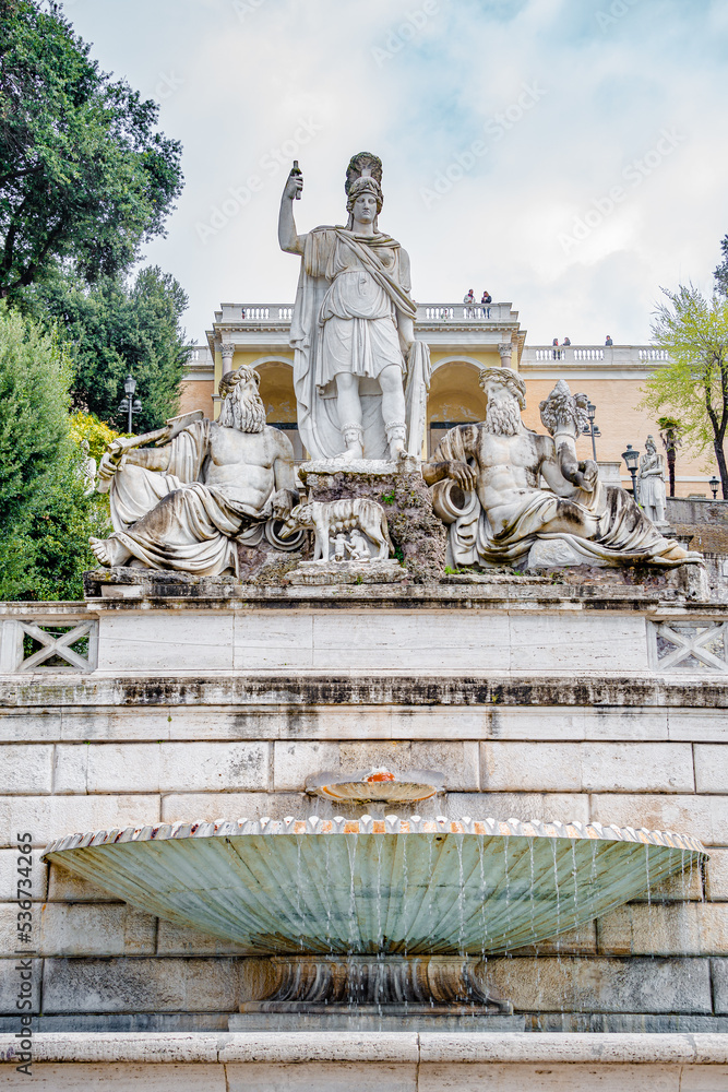 Ancient famous statue sof Neptune fountain at Piazza del Popolo, Rome, Italy. - obrazy, fototapety, plakaty 