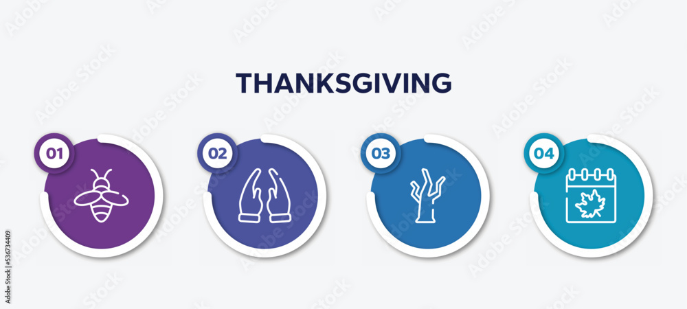 infographic element template with thanksgiving outline icons such as beekeeper, prayer, dead tree, autumn vector.