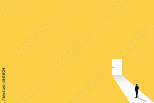Business opportunity or career success vector concept with man standing in front of enter door. Symbol of courage, ambition, having a goal, inspiration.