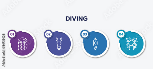 infographic element template with diving outline icons such as medusa, donkey, canoe, null vector.