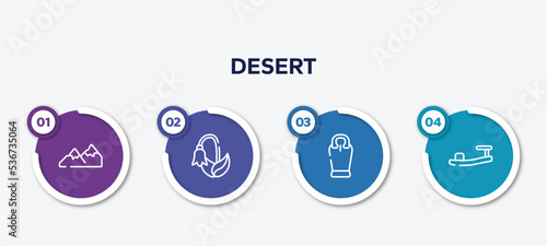 infographic element template with desert outline icons such as mountains, harebell, sarcophagus, sandals vector.