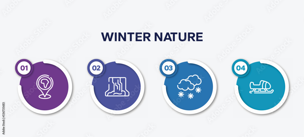 infographic element template with winter nature outline icons such as location pin, waterfall, snowy, sled vector. infographic element template with winter nature outline icons such as location pin, waterfall, snowy, sled vector.