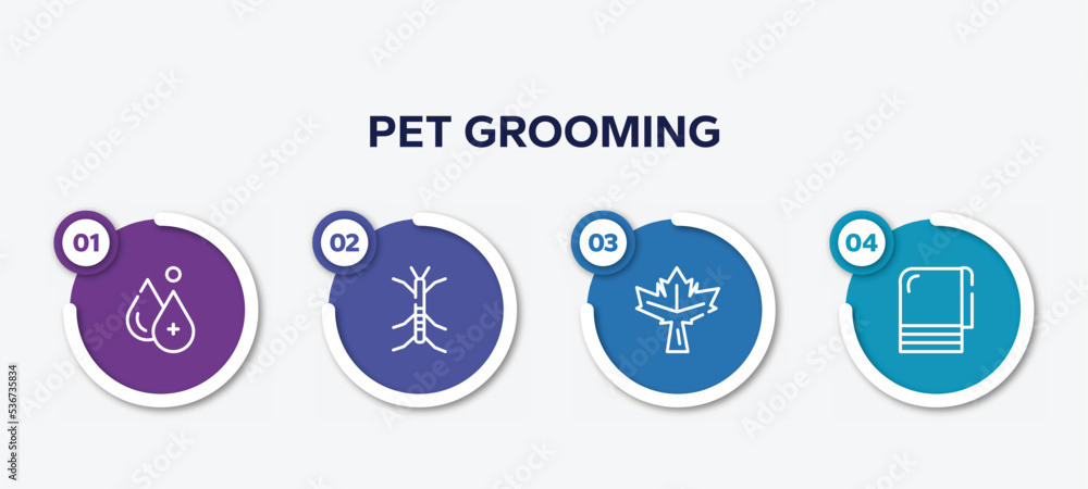 infographic element template with pet grooming outline icons such as hydrotherapy, stick insect, maple leaf, towel vector.