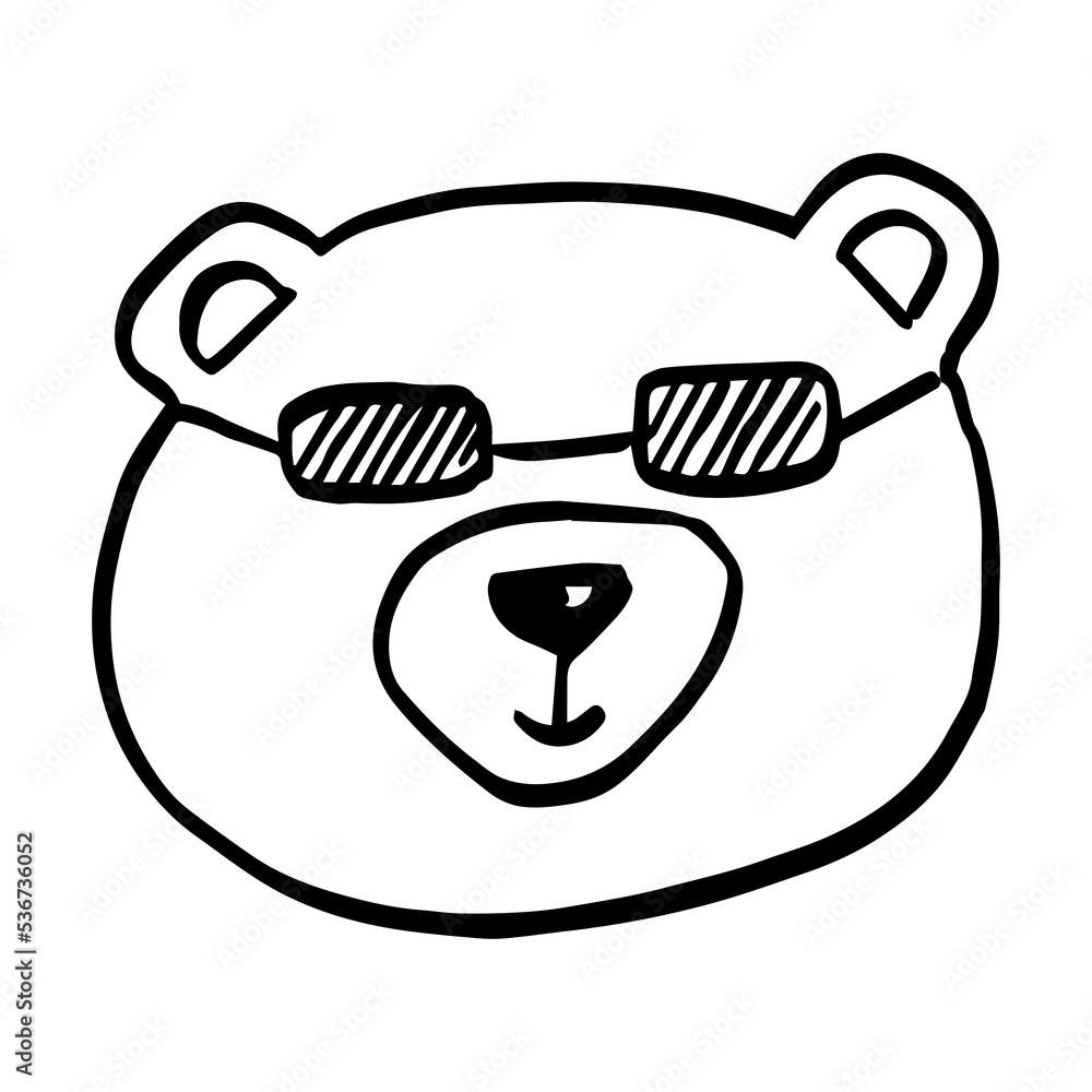 Vector black outline flat cartoon doodle cool bear face with glasses isolated on white background Vector black outline flat cartoon doodle cool bear face with glasses isolated on white background