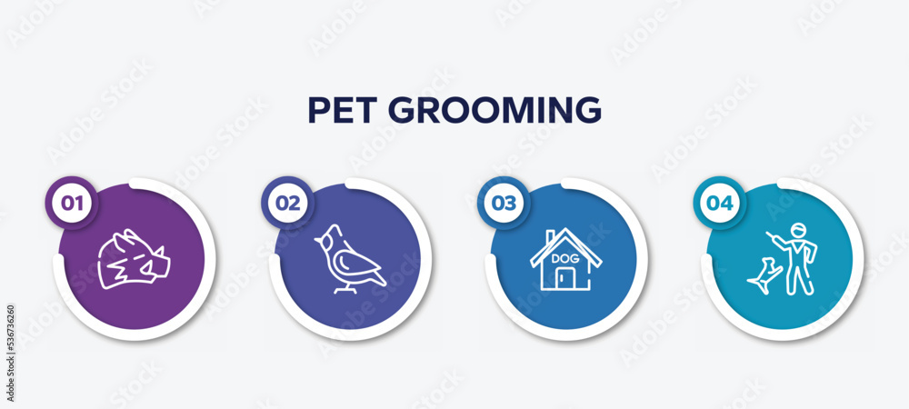 infographic element template with pet grooming outline icons such as boar, cardinal, dog house, dog training vector.