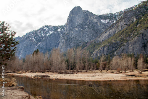 View of landscape in reflect water at Yosemite National Park in the winter