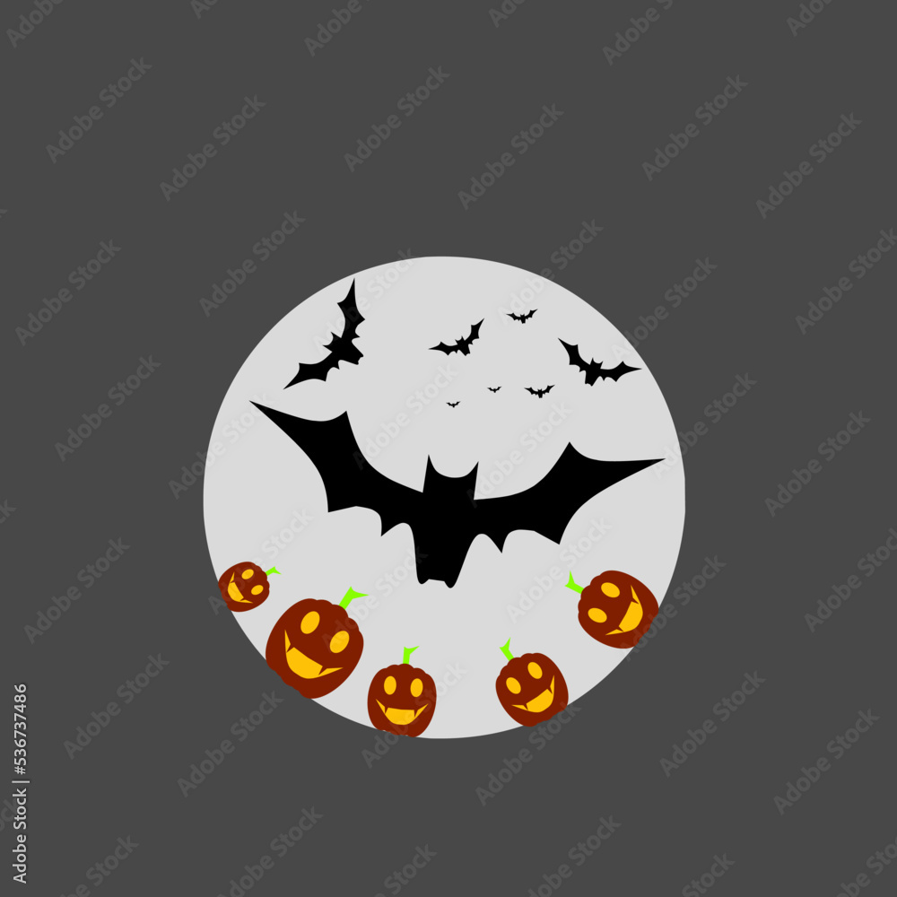 Halloween bat and pumpkin illustration on moon background