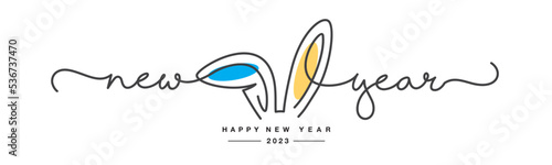 Happy new year 2023. Chinese year of the rabbit 2023 handwritten lettering line design on a white background
