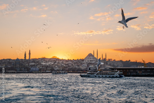 Atardecer Estambul Mezquitas de Yeni 
Cami y Suleiman Bósforo con  gaviotas y barca. photo