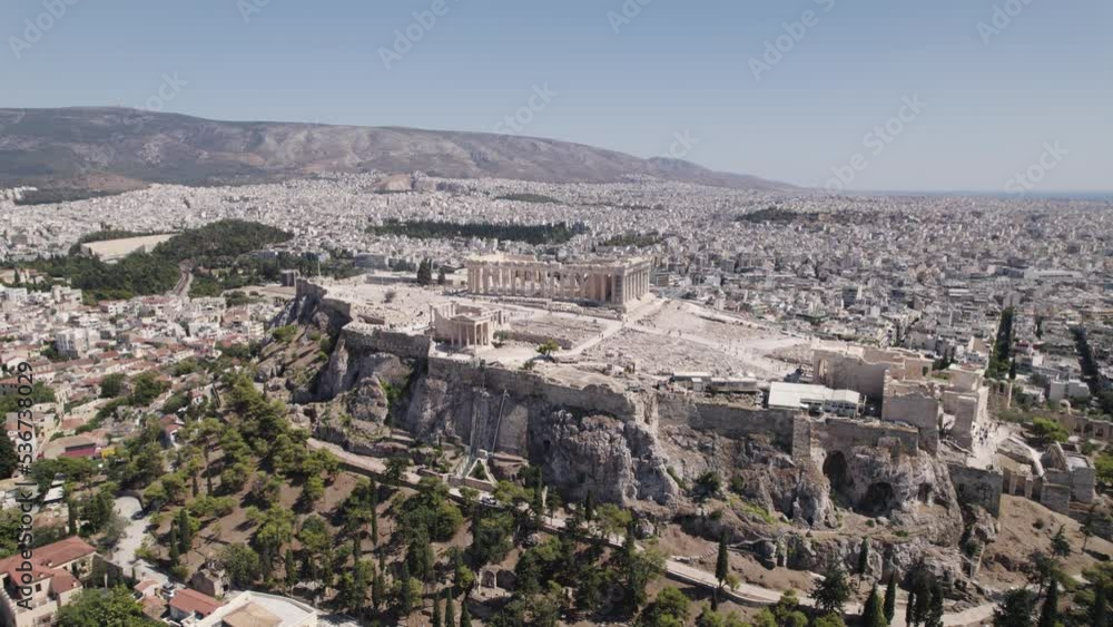 Aerial orbiting view of Historic Acropolis of Athens Monument, Athens Cityscape Aerial orbiting view of Historic Acropolis of Athens Monument, Athens Cityscape