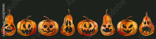 Halloween spooky emotion pumpkins collection. Vector hand drawn sketch illustration. Jack o lanterns face expression